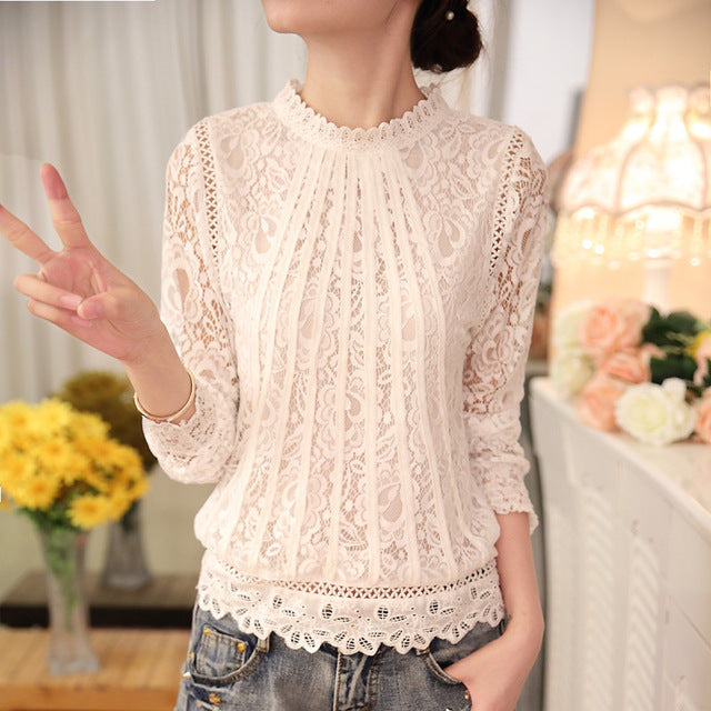 2016 New Summer Ladies White Blusas Women's Long Sleeve Chiffon Lace Crochet Tops Blouses Women Clothing Feminine Blouse 51C