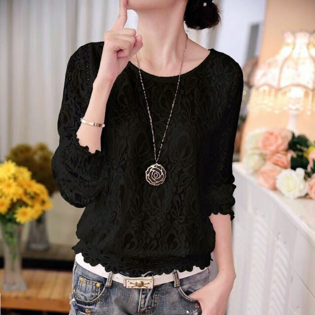 2016 New Summer Ladies White Blusas Women's Long Sleeve Chiffon Lace Crochet Tops Blouses Women Clothing Feminine Blouse 51C