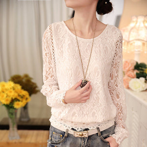 2016 New Summer Ladies White Blusas Women's Long Sleeve Chiffon Lace Crochet Tops Blouses Women Clothing Feminine Blouse 51C