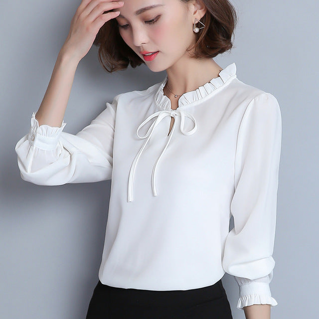 Spring Autumn Shirt Women 2017 Woman Chiffon Blouse Long Sleeve Ruffle Collar Fashion Tops Women's Clothing Plus Size XXXL