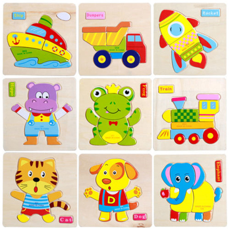 Baby Kids Cartoon Animals Dimensional Puzzle Baby Educational Kids Children Intellectual Developmental Wooden Toy Puzzle Gift