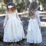 Girl Lace Long Dress With Sweet Flower For Age 2-12 Baby Kids Princess Wedding Prom Party White/Cream Big Bow Long Sleeved Dress