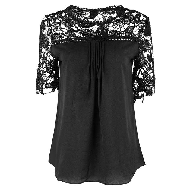 2017 New Short Sleeved Chiffon Blouses Sexy Lace Stitching Women's Shirts 5XL Plus Size Casual Women Clothing Camisas Femininas