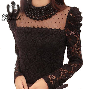 New 2017 Autumn Fashion Women's Elegant Lace Shirt OL Lace Top Blouse Sexy Blouses Patchwork Beaded Gauze Women clothing