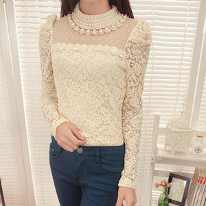 New 2017 Autumn Fashion Women's Elegant Lace Shirt OL Lace Top Blouse Sexy Blouses Patchwork Beaded Gauze Women clothing