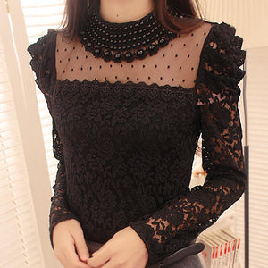 New 2017 Autumn Fashion Women's Elegant Lace Shirt OL Lace Top Blouse Sexy Blouses Patchwork Beaded Gauze Women clothing