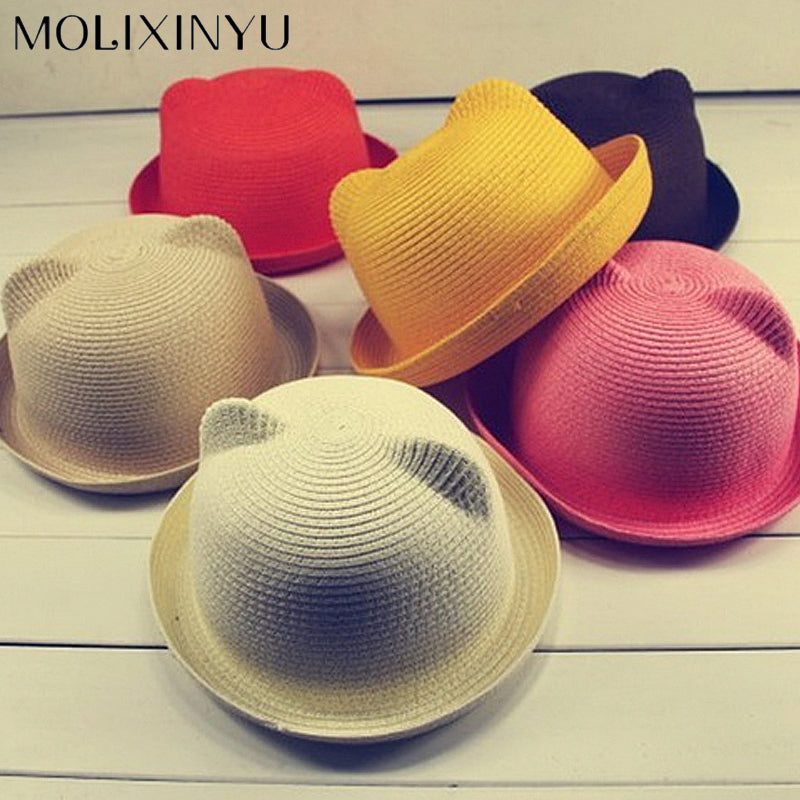 MOLIXINYU Fashion Ears Straw Hats Baby Hats For Girls Bucket Hat Boys Cap Children Sun Summer Cap Kids Solid Beach Panama Caps