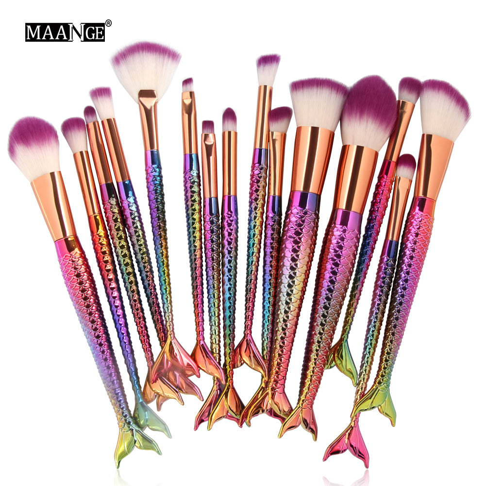 10/15pcs Mermaid Makeup Brushes Set Eyeshadow Eyeliner Blush Blending Contour Foundation Cosmetic Beauty Make Up Brush Tools Kit