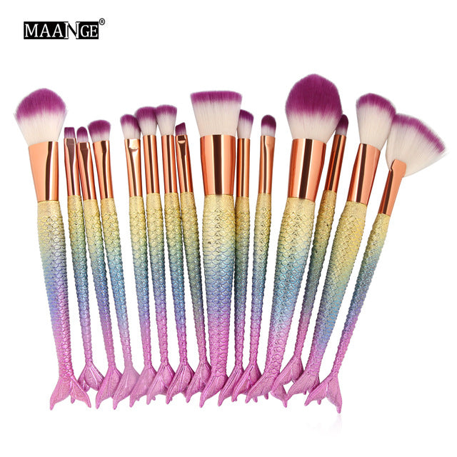 10/15pcs Mermaid Makeup Brushes Set Eyeshadow Eyeliner Blush Blending Contour Foundation Cosmetic Beauty Make Up Brush Tools Kit