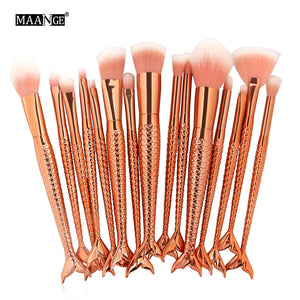 10/15pcs Mermaid Makeup Brushes Set Eyeshadow Eyeliner Blush Blending Contour Foundation Cosmetic Beauty Make Up Brush Tools Kit