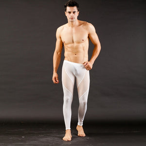 Men See Through Jeans Mesh Low Rise Long johns Thermal Pants Underwear Trousers Buttons