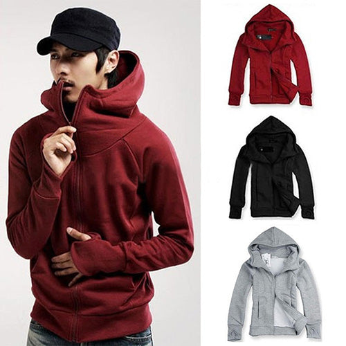 Cool Men Winter Warm Solid Color Gloves Sleeve Hooded Sweatshirt Outwear Jacket